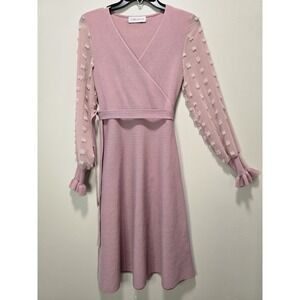 Chicwish Wrap Knit Dress Blush Pink Long Sleeve Dot Mesh Sleeve Fit & Flare M
